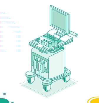 Ultrasound scanner machine with a screen. Isometric modern object isolated on white background. Outline style. Medical diagnosis system. Hospital equipment. Top view. vector