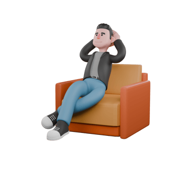 Professional Screenwriter Cartoon Design. A male screenwriter sits on a sofa with both hands behind his fist, relaxed expression. 3D Design png