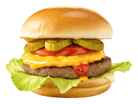 Cheeseburger Juicy beef patty grilled to perfection, topped with melted cheddar cheese, fresh lettuce, tomato, and pickles. png