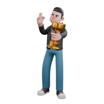 3D Screenwriter Character. A male screenwriter stands holding a trophy in his left hand, and his right hand seems to be giving a code to take a picture. 3D Artistic Model png