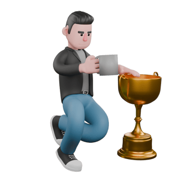 Professional Screenwriter Cartoon Design. A Male Screenwriter kneels beside a gold trophy with his right hand holding a cup of coffee and his left hand touching the trophy. Artistic Illustration png