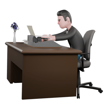 Creative 3D Model. A male screenwriter sits on a chair with a typewriter on the table while typing on the keyboard with both hands. Screenwriter Character png