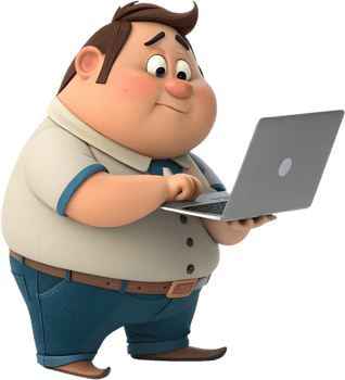 Whimsical Cartoon Man Engages with Modern Technology Playfully. . png