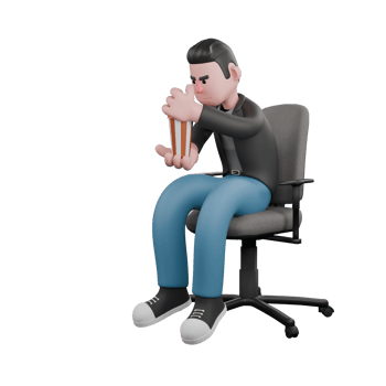 3D Screenwriter Character. A Male Screenwriter sits on a chair with his body slightly leaning forward, both hands holding popcorn. Artistic Illustration png