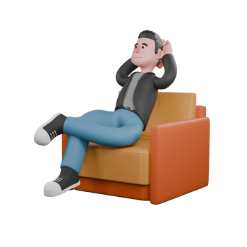 Creative 3D Model. A Male Screenwriter sits on a sofa with one leg bent over the other and both hands behind his head, relaxed expression. Screenwriter Character png