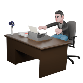 Professional Screenwriter Cartoon Design. A Male Screenwriter sits with both hands wanting to type on a typewriter, cheerful expression. 3D Artistic Model png