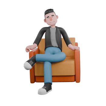Creative 3D Model. A Male Screenwriter sits on a sofa with his left leg bent over his right leg and his hands on the edge of the sofa, eyes closed. Screenwriter Character png