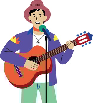A music artist singing while playing guitar, flat illustration vector