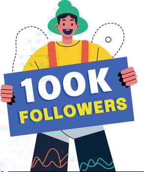 Flat illustration of a happy influencer celebrating reaching 100k followers vector