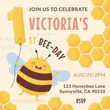 First birthday invitation template with kawaii happy bee and honeycomb. Cute bumblebee holds balloon shape number one. Cartoon flat illustration vector