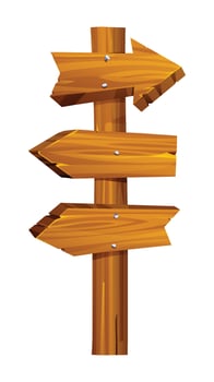 Wooden signpost with three blank directional arrows pointing in different directions. Cartoon illustration vector