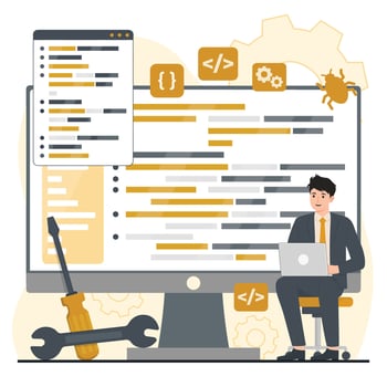Software development, programming and coding concept. Programmer working on computer. illustration in flat style vector