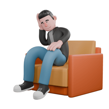 3D Screenwriter Character. A Male Screenwriter sits asleep on a sofa with his eyes closed, one hand supporting his head. png