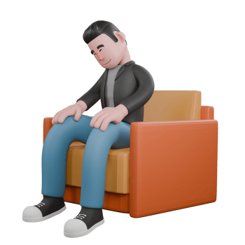 Creative 3D Model. A Male Screenwriter sits on the couch with both hands on his knees, eyes closed.Screenwriter Character png