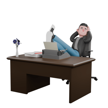 Cartoon-Style 3D Model. A Male Screenwriter is sitting on a chair with his feet on a table, hands behind his head. Cartoon Screenwriter Illustration Design png