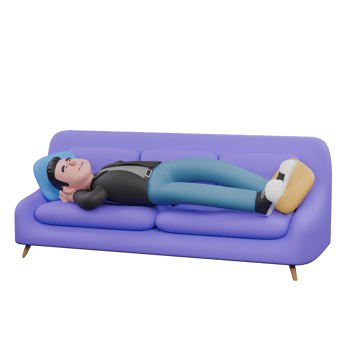 Professional Screenwriter Cartoon Design.A Male Screenwriter lies on a sofa with both hands under his head, eyes closed, peaceful expression. 3D Artistic Model png