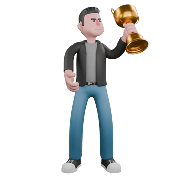 Cartoon-Style 3D Model. A male screenwriter stands with his left hand holding a gold trophy while his right hand is stretched forward. Cartoon Screenwriter Illustration Design png