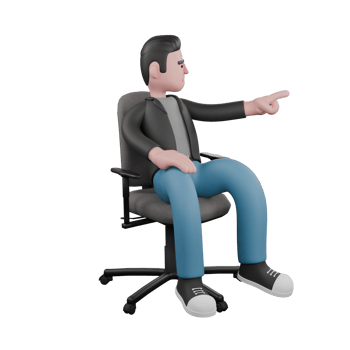 Cartoon-Style 3D Model. A male screenwriter sits on a chair with his left hand pointing forward while his right hand is on his thigh. Cartoon Screenwriter Illustration Design png