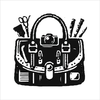 A black and white illustration of a handbag with scissors and other tools vector