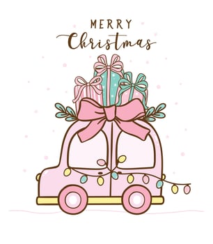 Cute Coquette Christmas Car Pink and Mint Green Girly Doodle with Gifts, idea for Greeting Card. vector