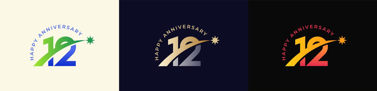 Logo Anniversary with Rising star 12th, 12th Happy Anniversary with Colorful Gradient, Luxury Gold and Silver. vector