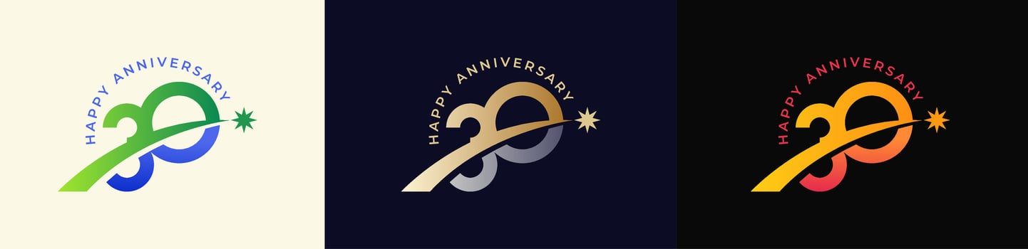 Logo Anniversary with Rising star 30th, 30th Happy Anniversary with Colorful Gradient, Luxury Gold and Silver. vector