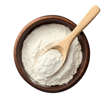 Rustic Wooden Bowl Filled with White Flour and Wooden Spoon isolated on transparent background png