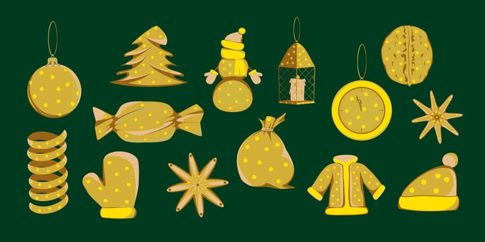 Set with elements of Christmas, New Year, winter tinsel in gold tones on a green background vector