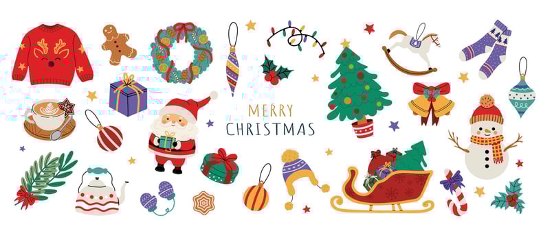 Christmas decorative banner. Winter 2025 holiday decorations. Perfect for seasonal projects, greeting cards, and festive decor. Colorful illustration, banner on a white background. vector