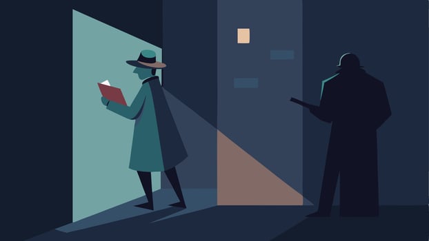 Urban Alley Observation The detective leans against a wall in a dimly lit alley peering around the corner at a suspect exchanging soing with another figure.. vector
