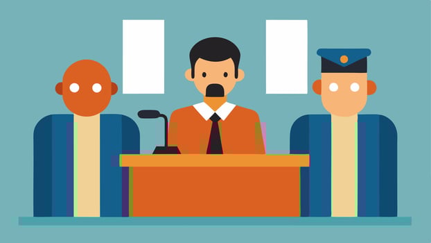 Sentencing A tense moment of the defendant in handcuffs receiving a verdict from the judge with the jury box visible in the background.. vector