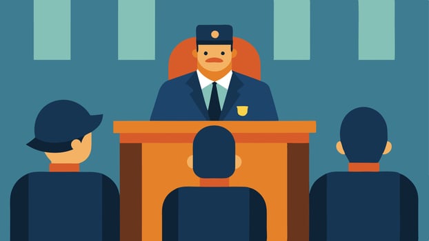 These illustrations together illustrate the atmosphere and dynamics within a courtroom during a police officers testimony.. vector