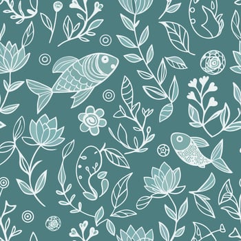 against the background, fish and flowers are depicted with a white outline vector