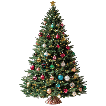 A beautifully decorated Christmas tree with colorful ornaments and lights in a cozy indoor setting, A realistic a Christmas tree decorated with ornaments and lights. solated, transparent background. png