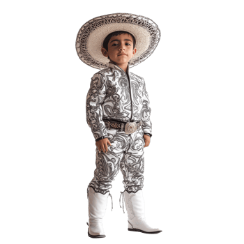 A young boy proudly wears a traditional Charro suit and boots during a festive celebration in Mexico, a mexican kid wear Charro suit with boot isolated on transparent background png