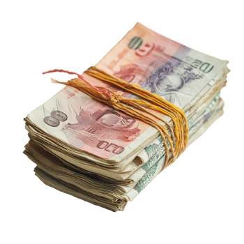 A neatly bundled stack of banknotes on a clean transparent background representing currency and financial transactions, A bundle banknotes transparent background png