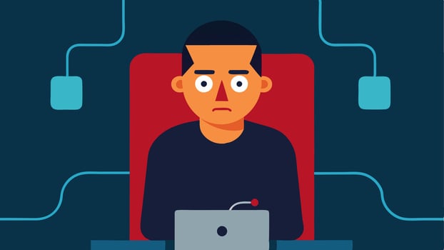 Suspects Expression A of a nervouslooking suspect sitting in a chair with furrowed brows and biting their lip. The polygraph machine is connected to their fingertips.. vector