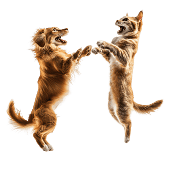 A playful dog and cat joyfully jumping together in perfect sync against a transparent background, A playful dog and cat jumping in sync, transparent background. png