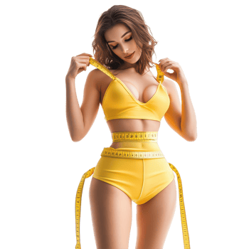 Slim woman measuring her waist with a tape measure while wearing a bright yellow bikini in a studio setting, Beautiful slim woman with tape measuring, transparent background. png