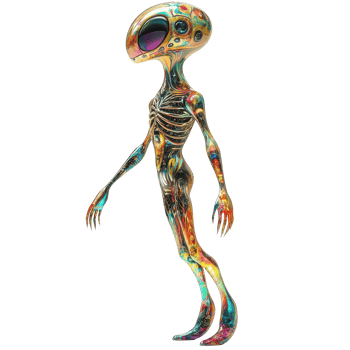 A stunning extraterrestrial being displaying vibrant colors and unique features on a plain transparent background, Beautiful Alien - Extraterrestrial Being on transparent background png