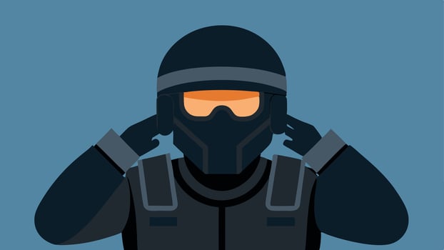 Tactical Gear A closeup of a SWAT officer adjusting their helmet and face shield showcasing their tactical gear and seriousness of the mission.. vector