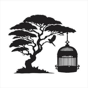 Bird Cage Hanging on Tree silhouette on white background vector
