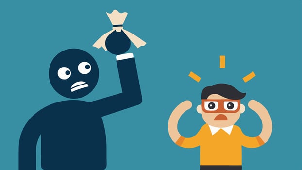 Security Alarm An alarm is depicted ringing loudly above a robbers head as he hurriedly fills his bag with cash eyebrows raised in panic.. vector
