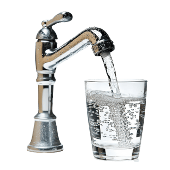 Clear water flows from a metal faucet into a glass against a transparent background, highlighting purity and freshness, a water faucet and a glass water, transparent background. png