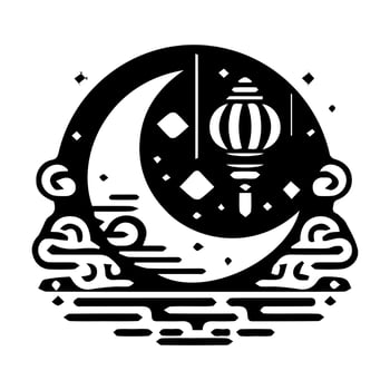 A black and white logo of a moon and a lantern vector