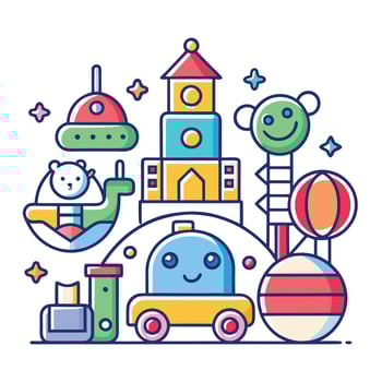 a colorful illustration of toys and other items vector