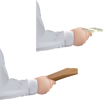 Two hands holding a wooden board and money vector