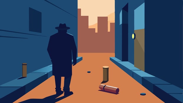 Urban Setting A detective walking through an urban alley spotting a bullet casing on the ground next to a graffiticovered wall highlighting an everyday setting.. vector
