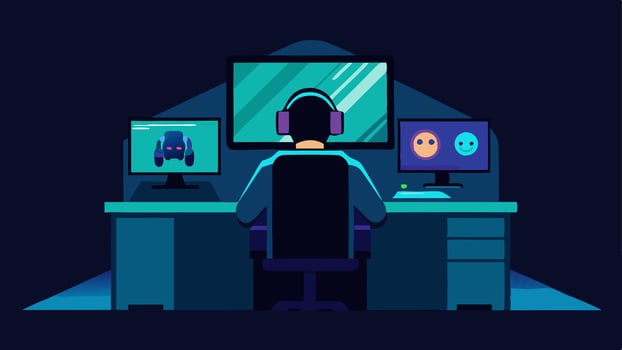 Setup Scene A gamer sitting at a desk with a dualmonitor setup displaying a popular game and a streaming interface. The room has gaming posters on the wall and LED lights. vector