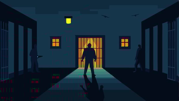 These descriptions focus on conveying the atmosphere mood and elements of a prison cell block at night.. vector